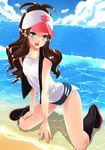  :d amasora_taichi antenna_hair baseball_cap beach blush boots brown_hair cloud day denim denim_shorts exposed_pocket green_eyes hat kneeling legs long_hair ocean open_mouth outdoors pokemon pokemon_(game) pokemon_bw sand short_shorts shorts sky smile solo touko_(pokemon) water 