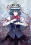  absurdres bad_id bad_pixiv_id closed_eyes flower green_hair hat highres holding long_sleeves shiki_eiki short_hair smile solo spider_lily touhou windyakuma 