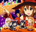  &gt;_&lt; ^_^ akiyama_mio animal_ears bat_wings black_eyes black_hair blonde_hair brown_eyes brown_hair bubble_skirt cat_ears chibi closed_eyes copyright_name dress fang food_themed_hair_ornament ghost hair_ornament halloween hat hirasawa_yui jack-o'-lantern k-on! kisuke_(akutamu) kotobuki_tsumugi long_hair multiple_girls nakano_azusa official_style orange_dress pumpkin pumpkin_hair_ornament short_hair skirt tainaka_ritsu wings witch_hat 