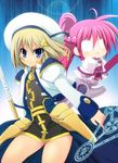  blonde_hair blue_eyes chibi empty_eyes hat highres levantine long_hair lyrical_nanoha magic_circle mahou_shoujo_lyrical_nanoha multiple_girls pink_hair ponytail schwertkreuz sen_(astronomy) signum yagami_hayate 