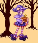  bare_tree capelet costume eyes frills fue_(fuef) halloween hat hat_ribbon heart highres komeiji_satori large_shoes md5_mismatch multicolored multicolored_clothes multicolored_legwear pumpkin purple_hair red_eyes ribbon shoes short_hair sleeves_past_wrists solo striped striped_legwear thighhighs third_eye touhou tree witch_hat zettai_ryouiki 