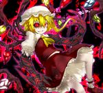 black_sclera blonde_hair devoured_by_darkness flandre_scarlet glowing glowing_eyes hat hat_ribbon mismatched_sclera ponytail red_eyes ribbon short_hair side_ponytail solo soubi touhou wings 
