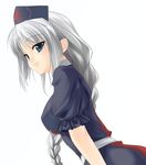  ass bangs blue_eyes braid breasts dutch_angle hat highres large_breasts lips long_hair looking_at_viewer looking_back nurse_cap parted_bangs rokuwata_tomoe sash silver_hair simple_background skirt skirt_set smile solo standing touhou very_long_hair white_background yagokoro_eirin 