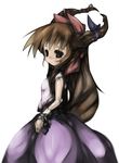  bow brown_eyes brown_hair chain expressionless hair_bow highres horns ibuki_suika long_skirt ph. simple_background skirt solo touhou 