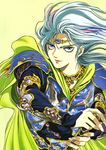  absurdres arslan arslan_senki artist_request blue_eyes cape expressionless gem headpiece highres lips long_sleeves looking_at_viewer male_focus shoulder_pads silver_hair simple_background solo yellow_background 