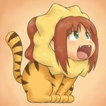  animal_costume brown_hair chibi face fangs green_eyes idolmaster idolmaster_(classic) lion puton solo takatsuki_yayoi tiger 