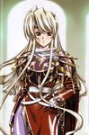  armor black_eyes blonde_hair copyright_request headband highres long_hair pantyhose solo urushihara_satoshi 
