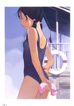  absurdres black_hair copyright_request day flat_chest highres one-piece_swimsuit scan school_swimsuit sky solo swimsuit takamichi twintails 