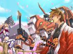  1girl alteisen artist_request blonde_hair blue_eyes castle excellen_browning haori horn japanese_clothes katana kyousuke_nanbu mecha midriff ninja petals samurai scarf super_robot_wars super_robot_wars_original_generation sword weapon 