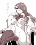  1girl blush bow breasts breasts_apart chair crossed_legs cum dr.p feet footjob hair_over_one_eye hetero kirijou_mitsuru large_breasts long_hair monochrome no_bra open_clothes open_shirt panties penis persona persona_3 shirt sitting socks solo_focus toes translated underwear 