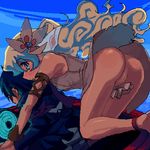  1girl anklet armlet ass bracelet dress flower hair_flower hair_ornament jewelry long_hair lowres multicolored_hair nia_teppelin no_panties oekaki pussy rkrk simon sleeveless tengen_toppa_gurren_lagann wind wind_lift 