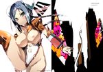  arcana_heart asano_shimon breasts building bun_cover cowboy_shot double_bun engrish huge_breasts leg_up mei-fang nipples ranguage shrug_(clothing) solo torn_clothes white_background 