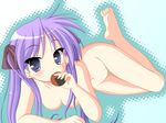 barefoot breasts food highres hiiragi_kagami kakesu lucky_star nude purple_hair solo wallpaper 