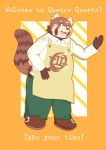  2019 ailurid anthro apron clothing english_text green_eyes hisashiyo_0705 humanoid_hands male mammal pants red_panda shirt simple_background slightly_chubby solo text 