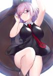  arm_up armpits black-framed_eyewear black_dress breasts dress fate/grand_order fate_(series) glasses hair_over_one_eye highres large_breasts lavender_hair looking_at_viewer mash_kyrielight necktie purple_eyes red_neckwear shield short_hair sleeveless sleeveless_dress takubon_(xewh4773) 