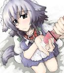  animal_ears bar_censor braid censored cum dog_ears dog_tail handjob izayoi_sakuya kemonomimi_mode penis short_hair silver_hair solo_focus tail tora_(torayarou) touhou twin_braids two-handed_handjob 