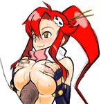  1girl blush breasts fingerless_gloves gloves hair_ornament hetero high_ponytail large_breasts long_hair murata nipples paizuri penis red_hair simple_background sketch skull_hair_ornament smile solo_focus sweat tengen_toppa_gurren_lagann topless white_background yellow_eyes yoko_littner 