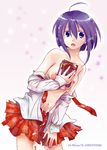  1girl bare_shoulders between_breasts blue_eyes book breasts cum mahou_sensei_negima! medium_breasts miyazaki_nodoka open_clothes open_shirt plaid plaid_skirt purple_hair shirt skirt solo 