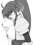  breast_lift breasts greyscale huge_breasts long_hair lyrical_nanoha mahou_shoujo_lyrical_nanoha mahou_shoujo_lyrical_nanoha_a's monochrome nipples ponytail shichimenchou signum solo 