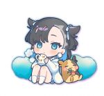  1girl asymmetrical_bangs bangs black_hair blue_eyes chibi coffee_mug cup earrings highres holding holding_cup jewelry leaning_back marnie_(pokemon) morpeko morpeko_(full) mug nekoyashiki_pushio pokemon pokemon_(game) pokemon_swsh pom_pom_(clothes) pom_pom_earrings sitting steam white_legwear 