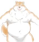  2022 anthro belly big_belly blush brown_body canid canine canis eyes_closed hi_res kemono male mammal moobs navel nipples overweight overweight_male ramen_wolf_and_curry_tiger samoji simple_background solo white_body wolf 