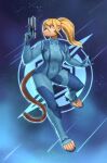  2022 alternate_species anthro blonde_hair female furrification gun hair haplorhine hi_res mammal metroid monkey nintendo ponytail primate ranged_weapon redustheriotact samus_aran solo toeless_legwear video_games weapon zero_suit 