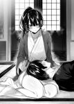  1boy 1girl absurdres bare_legs barefoot blurry blurry_background blush breasts character_request cleavage collarbone copyright_request depth_of_field eye_contact facing_another greyscale hetero highres japanese_clothes kakao_(chocolate_land) kimono lap_pillow looking_at_another lying monochrome on_back ponytail sitting smile steam wide_sleeves yokozuwari 