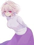  1girl antenna_hair arcueid_brunestud arms_behind_back bangs blonde_hair blush breasts closed_mouth commentary_request eyebrows_visible_through_hair hair_between_eyes highres long_skirt long_sleeves looking_at_viewer medium_breasts muko_(4moiut) purple_skirt red_eyes short_hair simple_background single_hair_intake skirt slit_pupils smile solo sweater tsukihime turtleneck turtleneck_sweater white_background white_sweater 