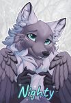  5_fingers black_nose canid canine feathered_wings feathers fingers fox green_eyes hioshiru hybrid mammal smile wings 