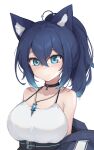  1girl animal_ear_fluff animal_ears bangs bare_shoulders blue_eyes blue_hair breasts character_request choker collarbone copyright_request hair_between_eyes highres jewelry large_breasts light_blush long_hair necklace ponytail purerin simple_background solo upper_body white_background 