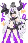  1girl :d \m/ animal animal_on_head arm_up bangs bare_shoulders bird black_bow bow braid braided_bangs breasts brown_eyes character_request commentary_request cosplay crow crow_(la+_darknesss) demon_horns eye_mask fangs feet_out_of_frame frills grey_hair hand_on_hip highres hololive horns la+_darknesss long_hair multicolored_hair navel on_head purple_hair revealing_clothes sekai_seifuku:_bouryaku_no_zvezda simple_background small_breasts smile solo standing streaked_hair unname venera-sama venera-sama_(cosplay) very_long_hair virtual_youtuber white_background 