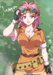  1girl breasts cleavage dragon_quest dragon_quest_dai_no_daibouken dress fingerless_gloves gloves goggles goggles_on_head jewelry looking_at_viewer maam matsubara_kanabun necklace open_mouth pink_hair short_hair smile solo 