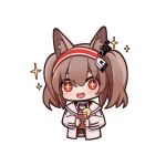  +_+ 1girl :d angelina_(arknights) animal_ears arknights black_collar black_shirt brown_hair chibi collar cropped_torso cup drink earpiece food fox_ears fruit hairband happy holding holding_cup holding_drink infection_monitor_(arknights) jacket lemon lemon_slice long_hair lxjun_09 open_clothes open_jacket open_mouth red_eyes red_hairband shirt simple_background smile solo sparkle striped striped_hairband twintails upper_body white_background white_jacket 