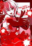  1girl absurdres breasts dated dress elbow_gloves eyebrows_visible_through_hair finger_gun flower galactic_small_yellow gloves hair_flower hair_ornament happy_birthday highres looking_at_viewer low_twintails medium_breasts monochrome open_mouth red_background red_gloves red_theme senki_zesshou_symphogear smile solo twintails yukine_chris 