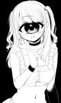  1girl :d bangs blush choker collarbone crop_top cyclops elbow_gloves eyebrows_visible_through_hair frills gloves grey_hair hair_over_shoulder highres index_finger_raised lace_trim long_hair looking_at_viewer midriff mntimccz monochrome monster_girl navel one-eyed original single_glove sketch smile solo swept_bangs twintails wristband 