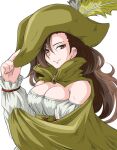  1girl aira_(dq7) black_hair breasts brown_eyes cape cleavage closed_mouth dragon_quest dragon_quest_vii dress hat long_hair looking_at_viewer simple_background smile solo white_background 