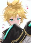  1boy absurdres artist_name blonde_hair blue_eyes headband headset heart highres itogari kagamine_len looking_at_viewer male_focus sailor_collar simple_background sleeves_past_wrists solo spiked_hair vocaloid white_background 