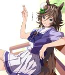  1girl ahoge animal_ears bangs bench blurry blurry_background brown_hair crossed_legs green_eyes hair_ornament hairclip hat horse_ears horse_girl horse_tail long_hair looking_at_viewer mini_hat mini_top_hat misu_kasumi mr._c.b._(umamusume) open_mouth puffy_short_sleeves puffy_sleeves purple_shirt sailor_collar salute school_uniform shirt short_sleeves sitting skirt smile solo tail teeth top_hat tracen_school_uniform translation_request two-finger_salute umamusume white_skirt 