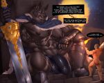  2022 abs absurd_res alternate_version_at_source anthro armor blackheart_xi blaidd_(elden_ring) bulge butt canid canine canis cloak clothing detailed_bulge dialogue duo elden_ring english_text fromsoftware gauntlets genital_outline genitals gloves greatsword greaves handwear hi_res holding_object holding_sword holding_weapon human humanoid_genitalia humanoid_penis larger_human larger_male male mammal melee_weapon muscular muscular_anthro muscular_human muscular_male pecs penis penis_outline sitting size_difference smaller_human smaller_male standing sword text torch video_games weapon wolf 