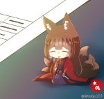  1girl :d ^_^ ^o^ amagi_(azur_lane) animal_ears azur_lane bangs blunt_bangs bridal_gauntlets brown_hair closed_eyes commentary_request eyebrows_visible_through_hair eyeshadow fox_ears fox_girl fox_tail hair_between_eyes hair_ornament japanese_clothes kyuubi long_hair long_sleeves looking_at_viewer makeup minigirl multiple_tails paper seiza sidelocks signature simple_background sitting smile solo tail taisa_(kari) thick_eyebrows twitter_username wide_sleeves 