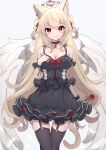  1girl absurdres angel angel_wings animal_ears bare_shoulders black_collar black_dress black_legwear blonde_hair breasts cat_ears cat_tail cleavage collar collarbone dress frilled_dress frills garter_straps hair_ribbon highres hinata_(user_rjkt4745) large_breasts long_hair looking_at_viewer original red_eyes red_nails red_ribbon ribbon simple_background smile solo tail thighhighs white_background wings 