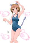  1girl anglerfish animal_ears arm_up artist_name bangs blue_swimsuit blurry breasts brown_eyes brown_hair cat_ears cat_tail covered_navel emblem fake_animal_ears fake_tail fang girls_und_panzer highres looking_at_viewer medium_breasts nishizumi_miho old_school_swimsuit one-piece_swimsuit open_mouth paw_pose school_swimsuit school_uniform short_hair signature smile solo standing swimsuit tail tama_nekonyan white_background 