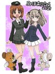  2girls bandages bangs beret birthday black_footwear black_headwear black_jacket black_legwear black_necktie black_ribbon black_skirt blue_jacket boko_(girls_und_panzer) boots brown_eyes brown_hair closed_mouth commentary cosplay costume_switch cross-laced_footwear dress_shirt emblem eyebrows_visible_through_hair girls_und_panzer green_shirt hair_ribbon hat jacket japanese_tankery_league_(emblem) leg_up long_hair long_sleeves looking_at_viewer military military_hat military_uniform miniskirt multiple_girls necktie nishizumi_miho one_side_up ooarai_military_uniform open_mouth outline outside_border pleated_skirt purple_background ribbon selection_university_military_uniform shimada_arisu shirt short_hair skirt smile socks standing standing_on_one_leg stuffed_animal stuffed_toy takahashi_kurage teddy_bear translated uniform waving white_outline white_shirt white_skirt zipper 