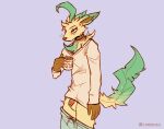  2022 anthro balls biped bottomwear bottomwear_down clothed clothing container cup digital_media_(artwork) eeveelution flaccid fur genitals green_body green_fur humanoid_genitalia humanoid_penis lawyerdog leafeon male multicolored_body multicolored_fur nintendo pants pants_down partially_clothed penis pok&eacute;mon pok&eacute;mon_(species) simple_background solo tired two_tone_body two_tone_fur video_games yellow_body yellow_fur 
