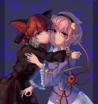  2girls animal_ears braid cat_ears chromatic_aberration floral_background flower half-closed_eyes heart highres hug kaenbyou_rin komeiji_satori light_smile long_sleeves looking_at_viewer multiple_girls ok_sign red_eyes red_hair rose short_hair touhou yuuren_kyouko 