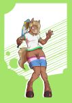  abstract_background absurd_res anthro balls blonde_hair blue_eyes bottomwear clothing digital_media_(artwork) equid equine fur genitals hair hi_res hooves horse male mammal open_mouth penis rotten_owl shorts small_penis solo spots spotted_body spotted_fur surprise tennis_racket tied_hair 