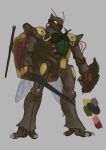  antennae color_guide grey_background holding holding_sword holding_weapon insect_wings mecha nakakita_kouji no_humans original seisenshi_dunbine shield solo standing sword weapon wings 