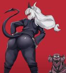  1girl ass ass_focus breasts demon_girl demon_horns demon_tail facing_away formal gloves hair_ornament hands_on_hips helltaker highres horns long_hair looking_at_viewer looking_back lucifer_(helltaker) mole mole_under_eye nuezou red_background red_eyes simple_background skeleton_(helltaker) suit suit_jacket tail white_gloves white_hair white_horns 