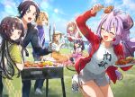  2boys 5girls antenna_hair bangs barbecue black_hair blanket blonde_hair chopsticks closed_mouth day demon_tail dolphin_shorts fang flower_knot food gloves grey_shorts grill grilling hatara_kazutomo highres holding holding_plate horns inko_(succubus_to_neet) jacket japanese_clothes kimono long_hair long_sleeves multiple_boys multiple_girls nekoyashiki_pushio open_clothes open_jacket open_mouth outdoors plate pointy_ears purple_eyes purple_hair red_jacket shirt shoes short_hair shorts sitting socks succubus_to_neet tail tasuki tongs twintails white_footwear white_gloves white_shirt 