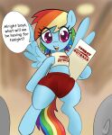  absurd_res ambiguous_gender anthro blue_body bottomwear clothing crop_top dialogue english_text equid equine eyelashes female female_focus flying friendship_is_magic hair hi_res horse human male mammal midriff multicolored_hair multicolored_tail my_little_pony open_mouth pegasus pink_eyes pony rainbow_dash_(mlp) rainbow_hair rainbow_tail shirt shorts solo_focus speech_bubble text tomboy_outback ton618 topwear uniform wings 